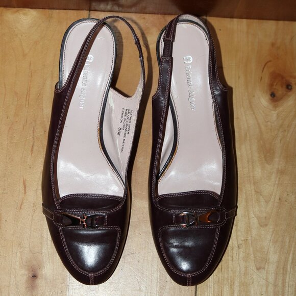 Etienne Aigner E-Chalon Brown Leather w Buckle Elastic Sling Back Kitten Heels - Picture 4 of 9